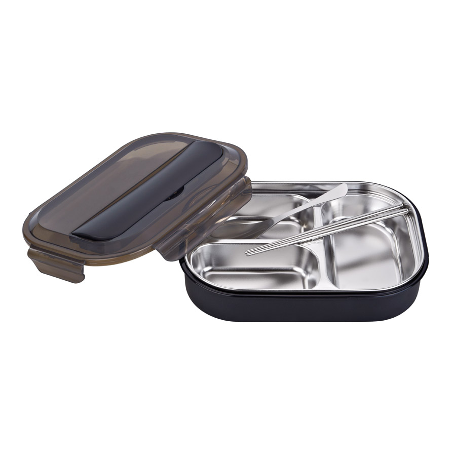 R-8845 黑色 美時(shí)不銹鋼套裝飯盒（3格）材質(zhì)：PP+304不銹鋼 產(chǎn)品尺寸：（cm）長25.5x寬18.2x高6.